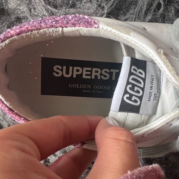 Golden Goose White Superstar Sneakers with Blue Star and Glittery Heel Tab - Picture 5 of 5